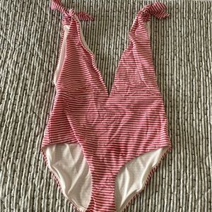 Red & White Striped High Rise One Piece Swim Suit